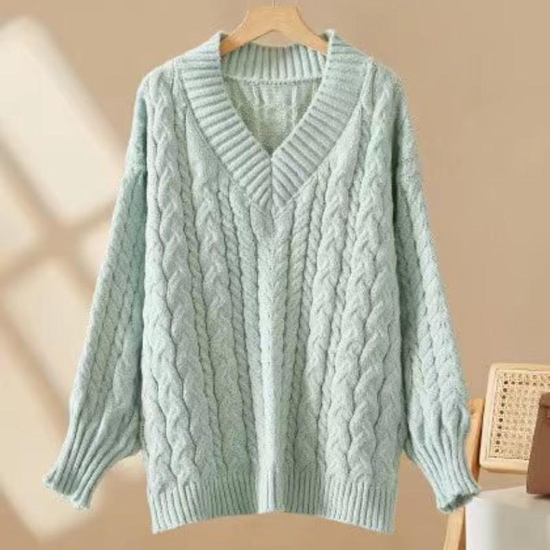 Autumn and winter new loose pullover knitted sweater thickened medium and long sweater women's lazy wind v-neck twist top