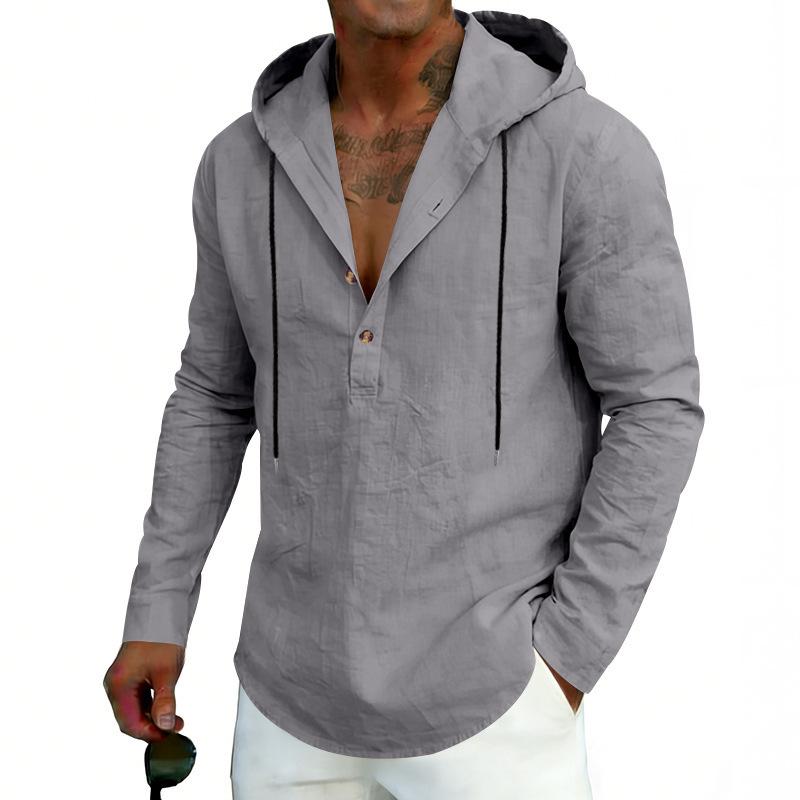 New Men’s Linen Plus-size Hooded Long-sleeved Top – Casual Plain-colour Hoodie