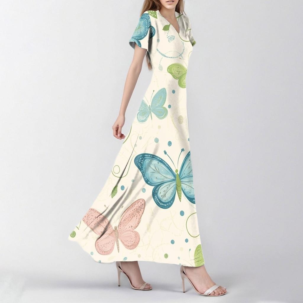 Abito Casual Estivo da Donna con Stampa Farfalla, Scollo a V, Manica Corta