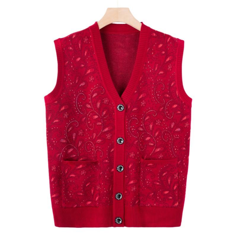 Middle-aged Elderly Knitted Sweater Vest Female Age 0 Mother Wear Autumn Sweater Vest Grandma New Warm Cardigan