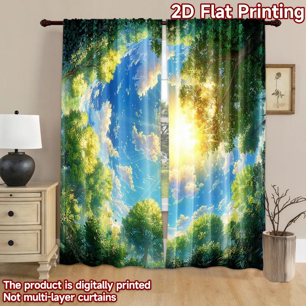 2D flat printing 2pcs Curtains Anime Sky Sun Trees Digital Printed Polyester Drapes Family Party Use for living room decor for