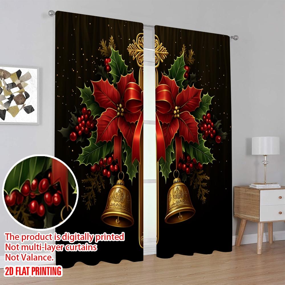 2pcs,2D Plane Printing Pattern Curtains Christmas Bells Holly Poinsettia (4) Versatile Durable Polyester (without Rod) Home
