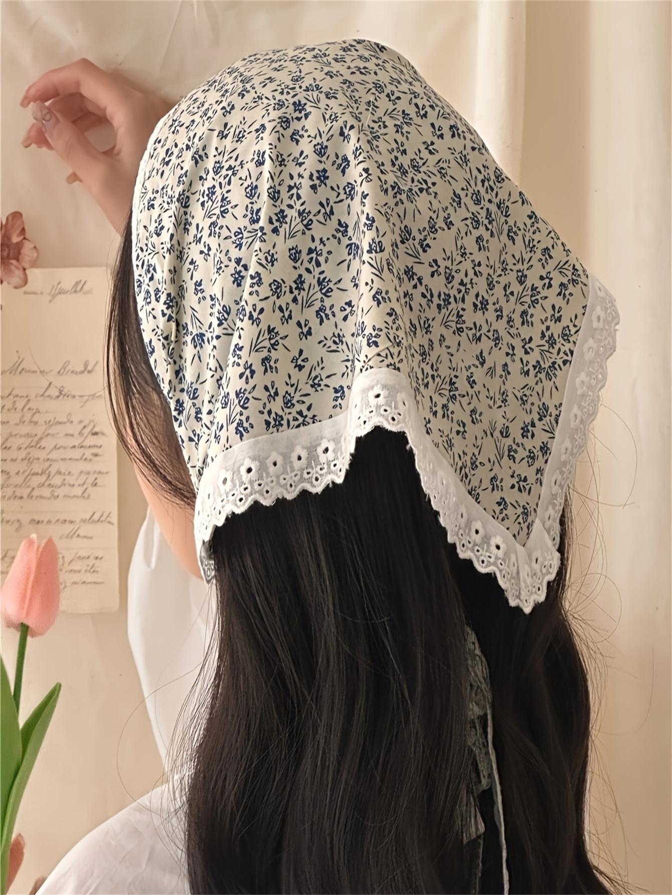 

1pc Vintage Elegant Floral Triangle Scarf with Lace Trim - Blue & White Small Flower Print Lightweight Breathable Women s Hair B светло-синий