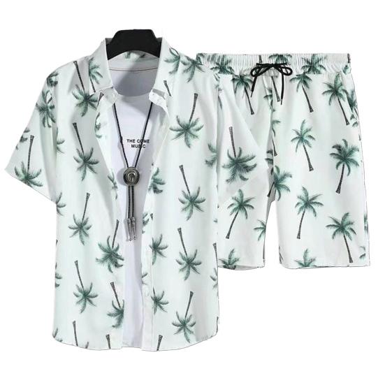 2Pcs/Set Hawaiian Style Shirt Shorts Set Lapel Short Sleeve Single Breasted Shirt Elastic Drawstring Waist Pockets Shorts Set Tropical Print Outfit