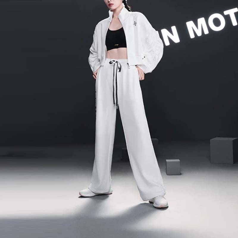 Li Ning Fitness Series Drawstring Loose Straight Leg Sports Pants Women Bottoms Standard-White AKLT132-1