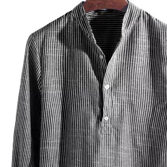 Herrenhemd Gestreift Stehkragen Weich Langarm Knöpfe Bluse für Date