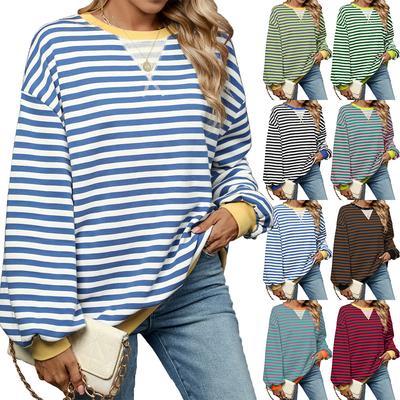 2024 Autumn/Winter New Color Blocking Splicing Loose Long Sleeved Striped Round Neck Hoodie For Women