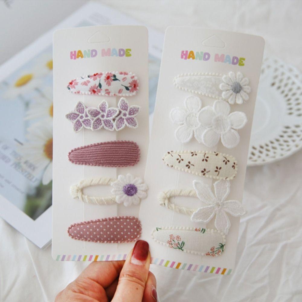 5PCS Cute Girls BB Clips Cotton Sweet Flower Hairpins Embroidered Bangs Hairclips  Hair Accessories