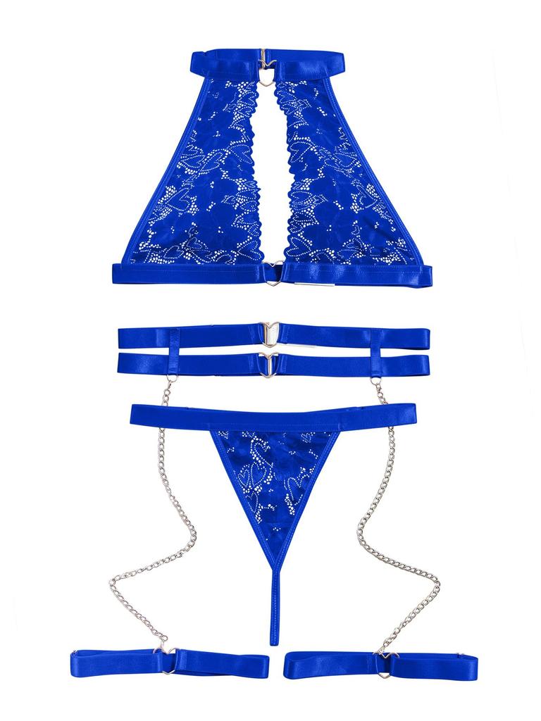 Sexy Halter Heart Ring Cutout Chain Floral Lace Sheer Garter Belt Lingerie Set 3 Piece