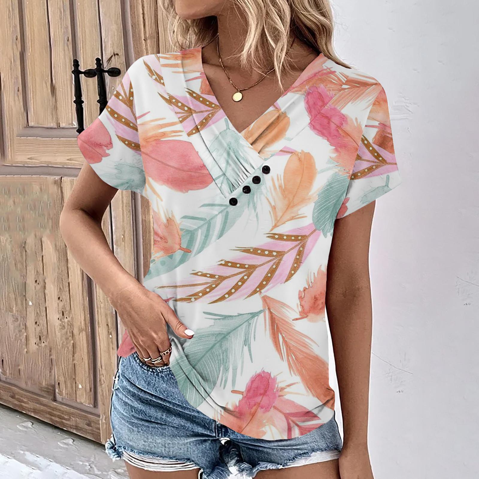 

Летние женские топы с цветочным узором для женщин, удобные женские топы с v-образным вырезом и короткими рукавами, футболки большого размера S