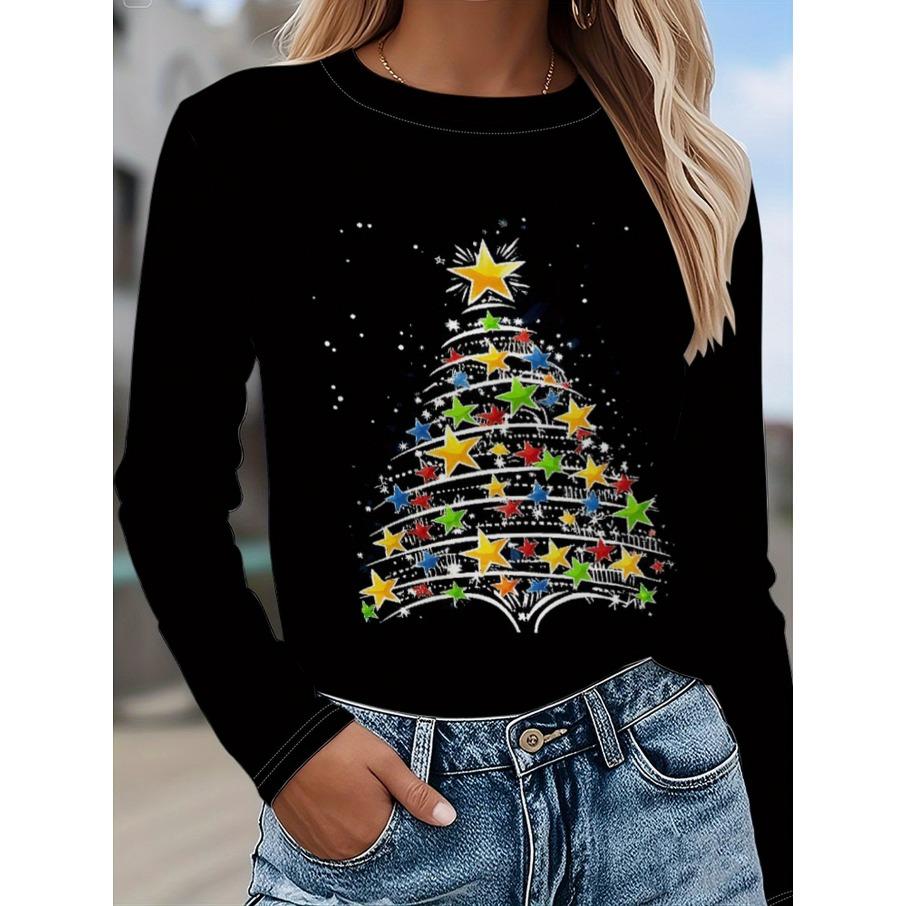Damen Fashon Polyester Bequeme T-Shirts Sport Weihnachten 3D Druck Locker Rundhals Langarm T-Shirt Top
