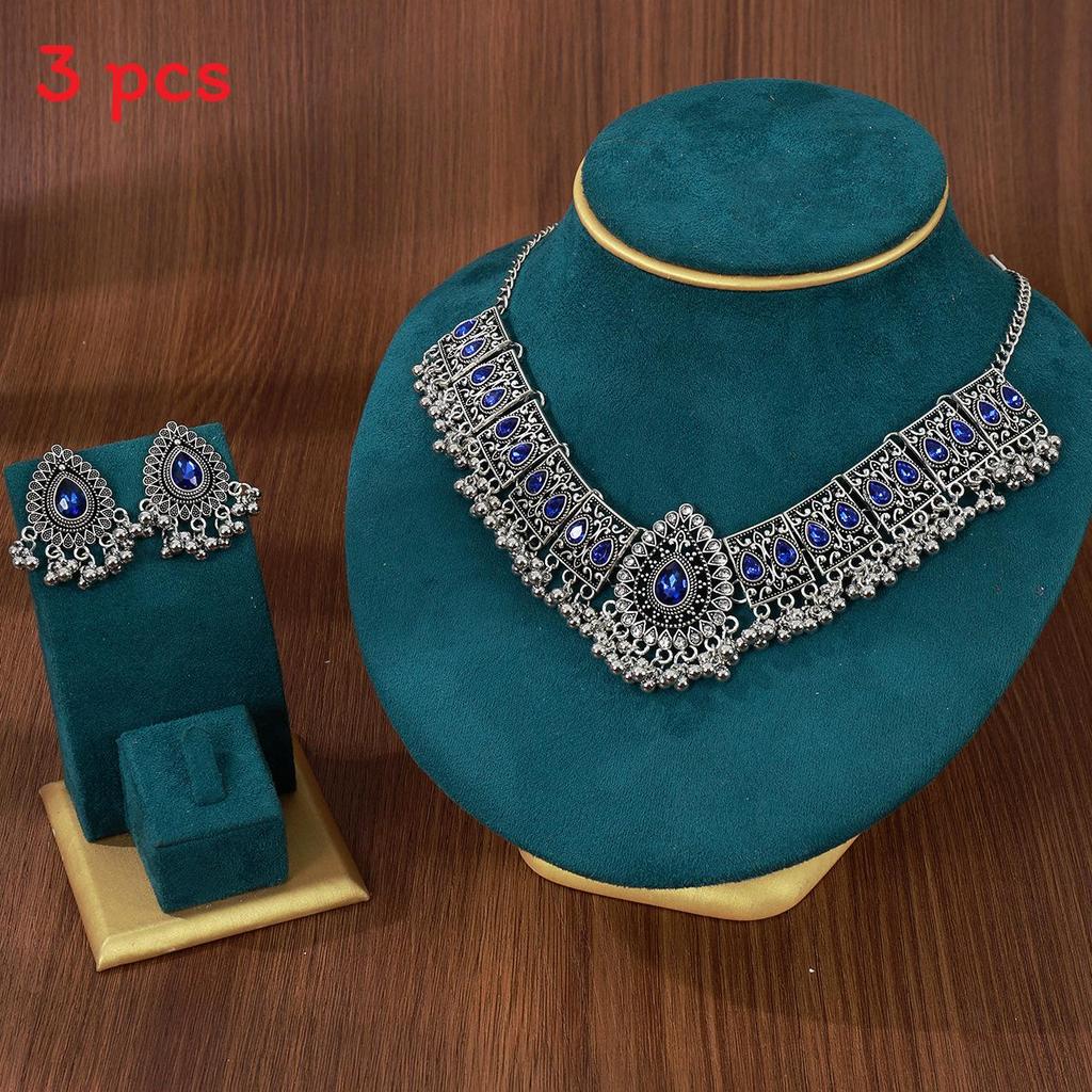 Water Drop Pendant Necklace And Earrings Set With Rhinestones For Women