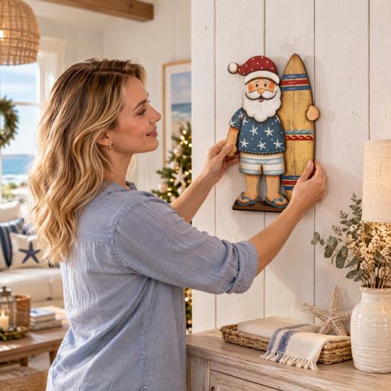 Rustic Wood Hanging Signs Lighted Wooden Surfing Santa Wall Decor, LED Coastal Christmas Unique Seaside Xmas Gifts with Surfboard, Beach Theme Holiday