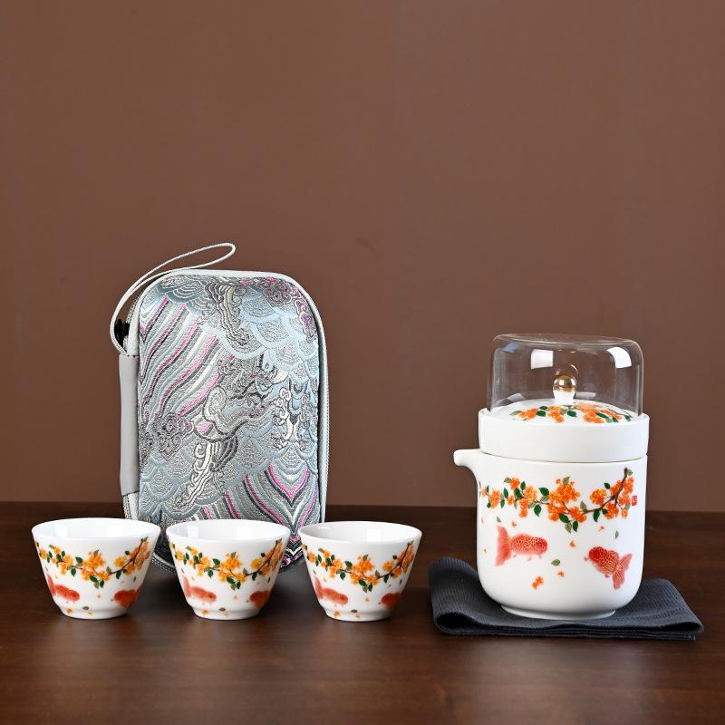 Suet jade travel tea set, one pot and three cups set, portable express cup, outdoor camping teapot, tea cup gift