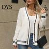 Women Casual Sweater Coat V-neck Long Sleeve Twist Texture Knitting Patchwork Color Single Breasted Loose Fit Elastic Outwear Knitwear