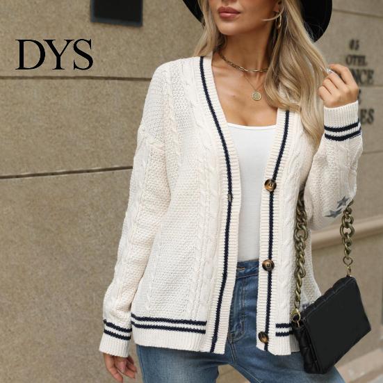 Women Casual Sweater Coat V-neck Long Sleeve Twist Texture Knitting Patchwork Color Single Breasted Loose Fit Elastic Outwear Knitwear