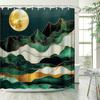 Mountain Moon Art Shower Curtain - Modern Abstract, Dark Teal & Green Geometric Patterns, Polyester, , Artistic Bathroom Decor