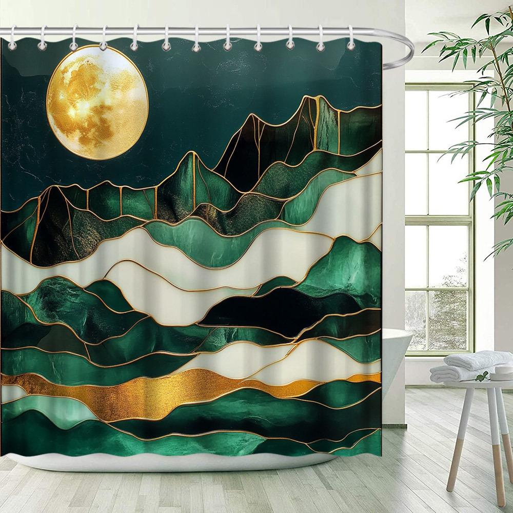 Mountain Moon Art Shower Curtain - Modern Abstract, Dark Teal & Green Geometric Patterns, Polyester, , Artistic Bathroom Decor
