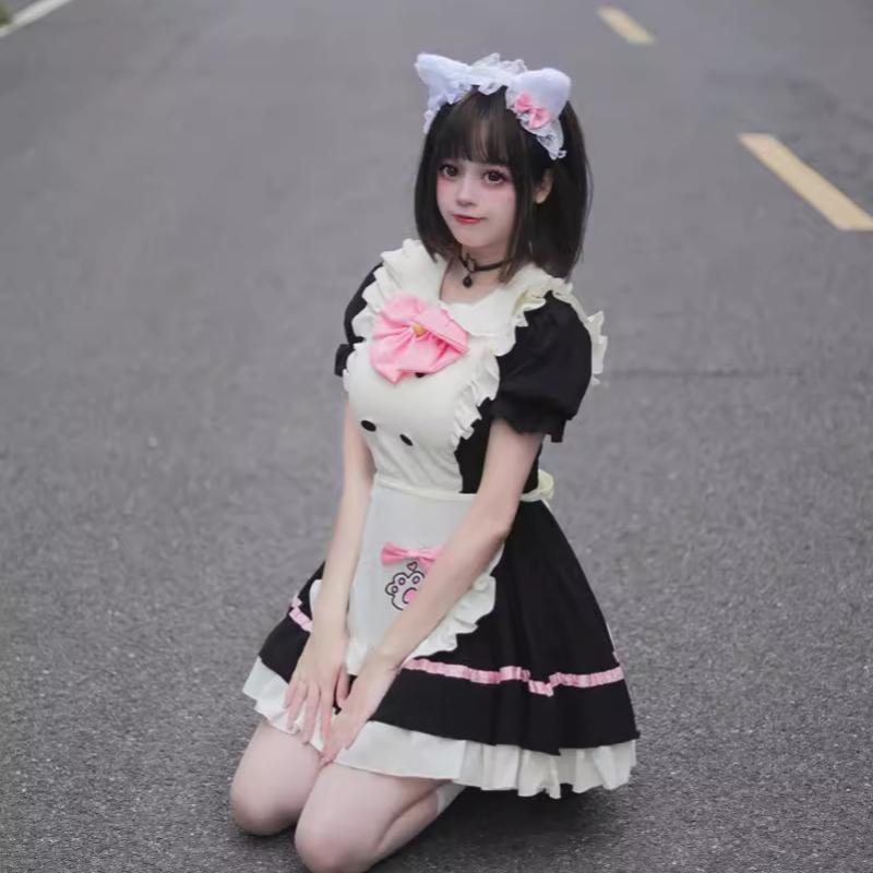 Cute Maid Short-sleeved Dress Cosplay Lolita Halloween Women's Costume + Headband 2-piece Set