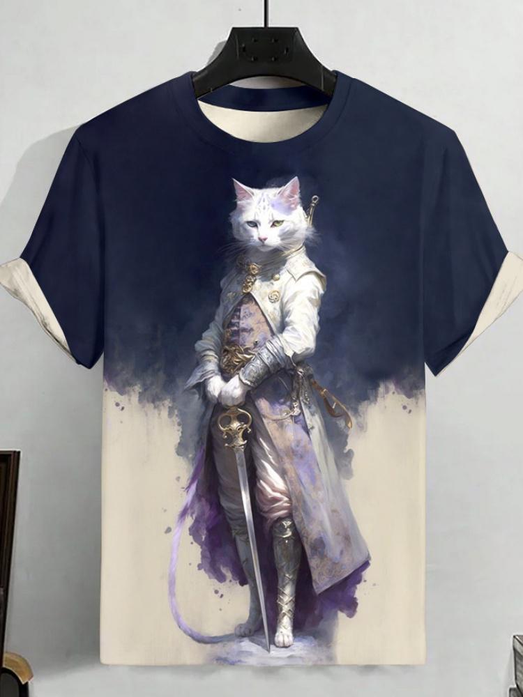 Japanese Ukiyo-e Animal Men's T-shirt with Cute Cat Pattern Print