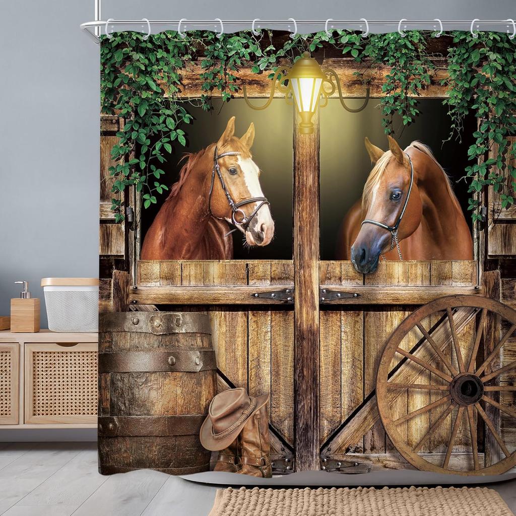 Western Horse Barn Door Shower Curtain Farm Animals Green Leaves Butterfly Bathroom Decor Fabric Bath Curtains with Hooks