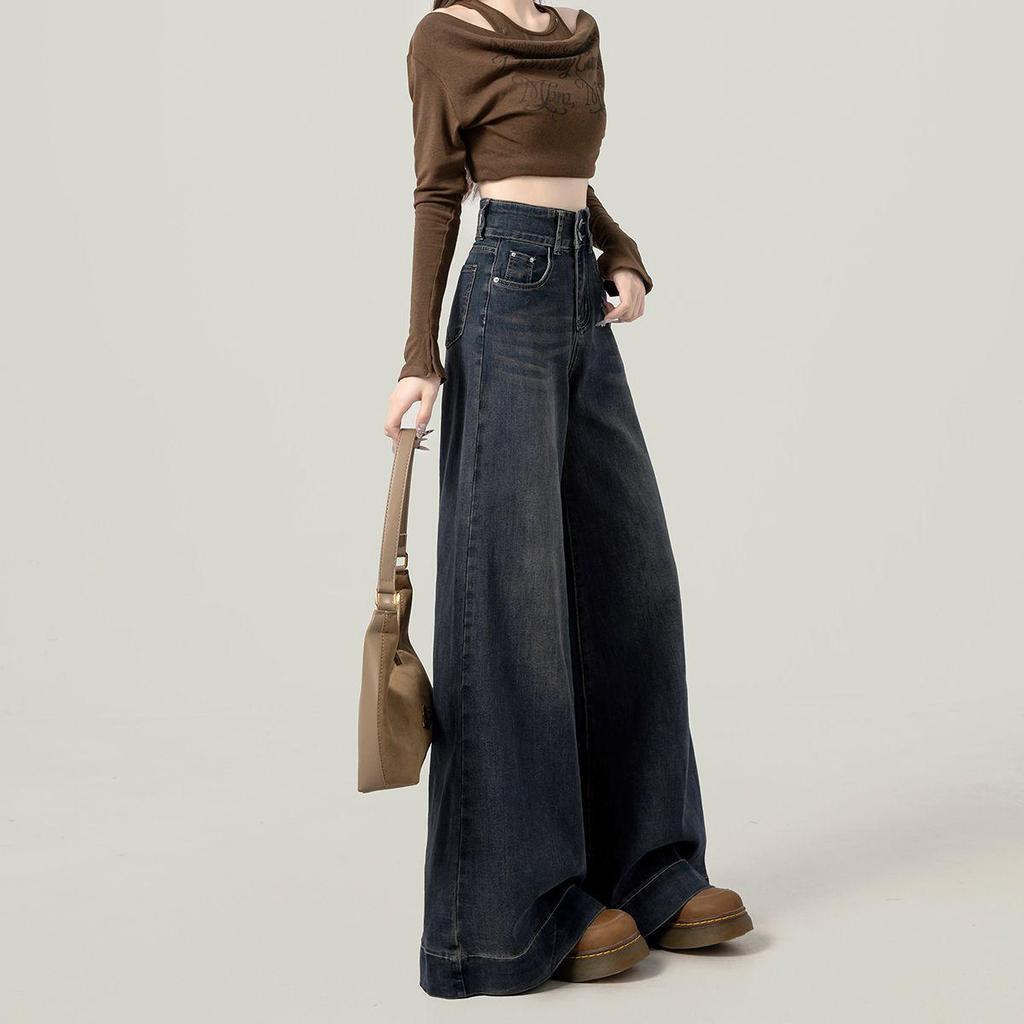 Women's Retro High-Waisted Bell Bottom Jeans, Petite, Wide-Leg, Floor-Length, Spring/Autumn 2024