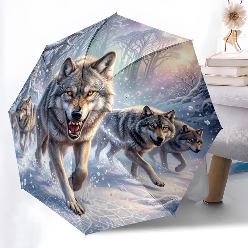 1pc Sturdy 8-Bone Auto Umbrella, Wolf Star Umbrella, Digital Printed, Foldable Umbrella for On-the-Go Outdoor Use
