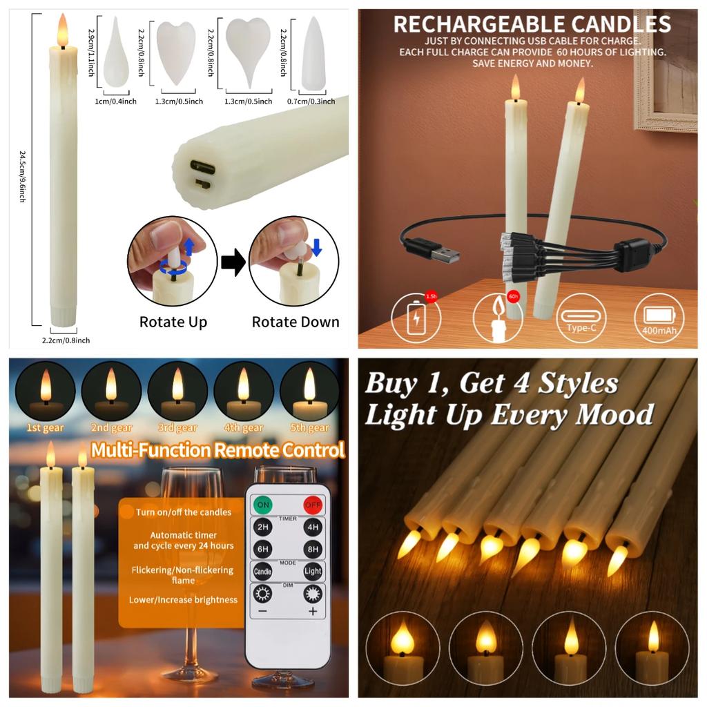 Long Christmas LED Candle with Remote Timer Flameless Ivory Taper Candles Battery Powered Church Flickering Candlesticks Light