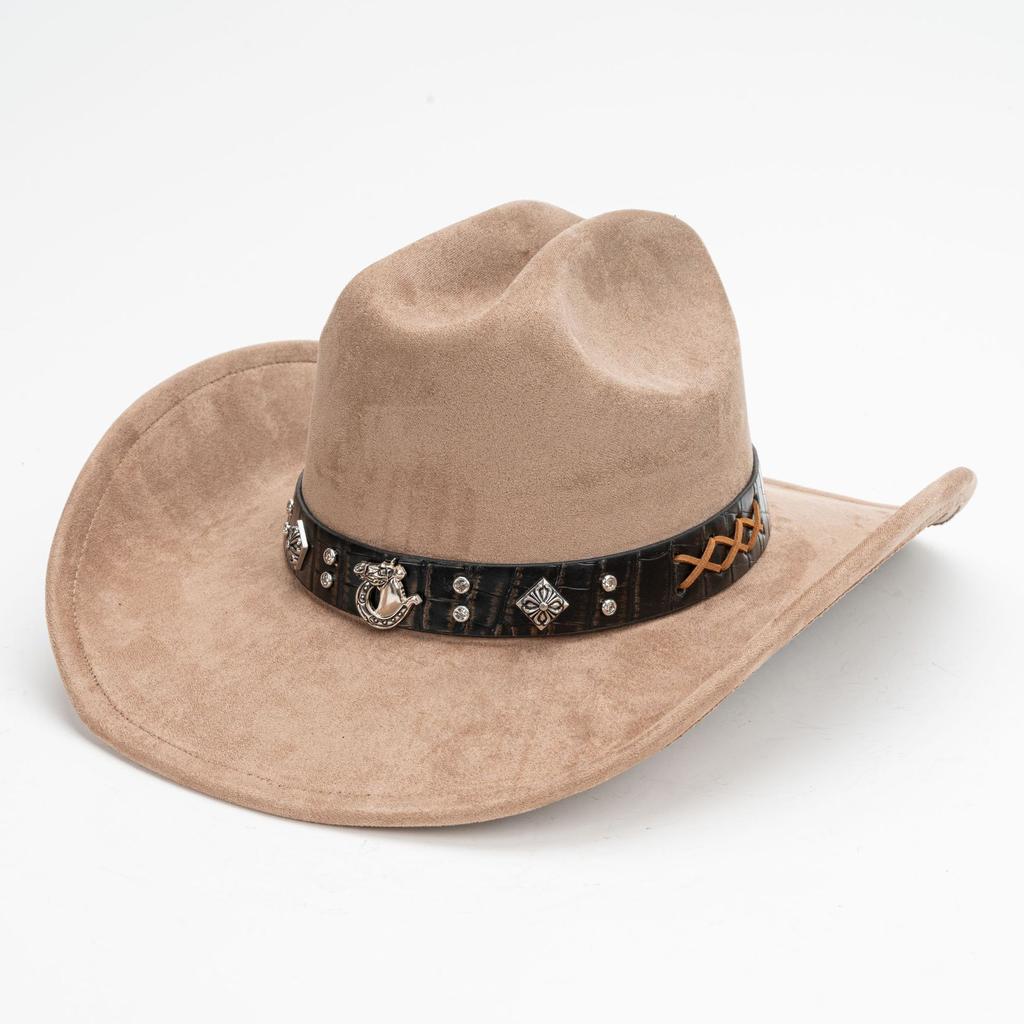Suede Western Cowboy Hat Vintage Metal Jazz Hat Men's and Women's Ethnic Style Autumn and Winter Big-brimmed Top Hat