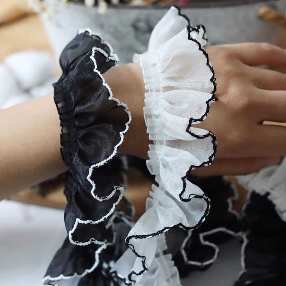 2 Yards/182cm Ruffled Pleated Lace Fabric Trim Pleated Chiffon Black White Applique 4CM wide