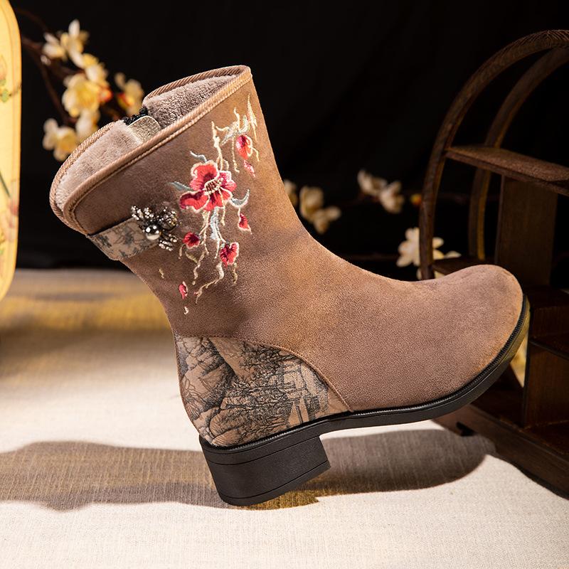 Women's Winter Snow Boots With Side Zipper Warm Non-Slip Low Chunky Block Heel Embroidered Ankle Booties Faux Fur Lined Walking Boots Shoes for Women