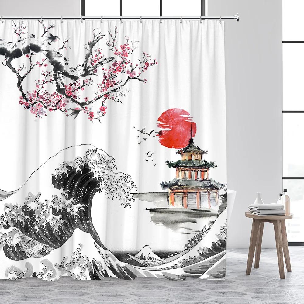 Japanese Style Shower Curtain Octopus Koi Fish Sea Waves Cherry Blossom Abstract Mountain Ink Art Curtains Fabric Bathroom Decor