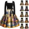 Women's Vintage Square Neck Long Sleeve Halloween Print Evening Dress