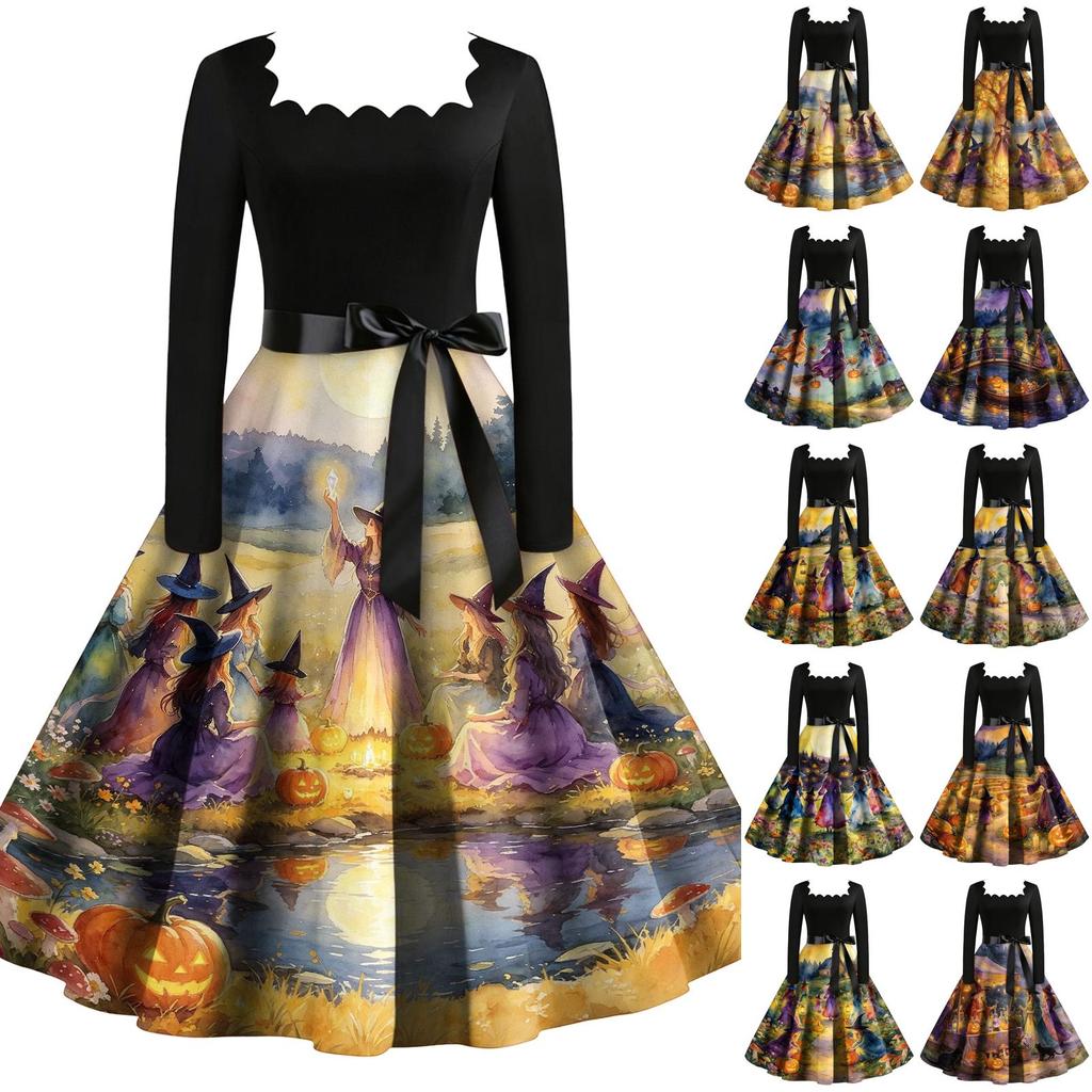 Women's Vintage Square Neck Long Sleeve Halloween Print Evening Dress