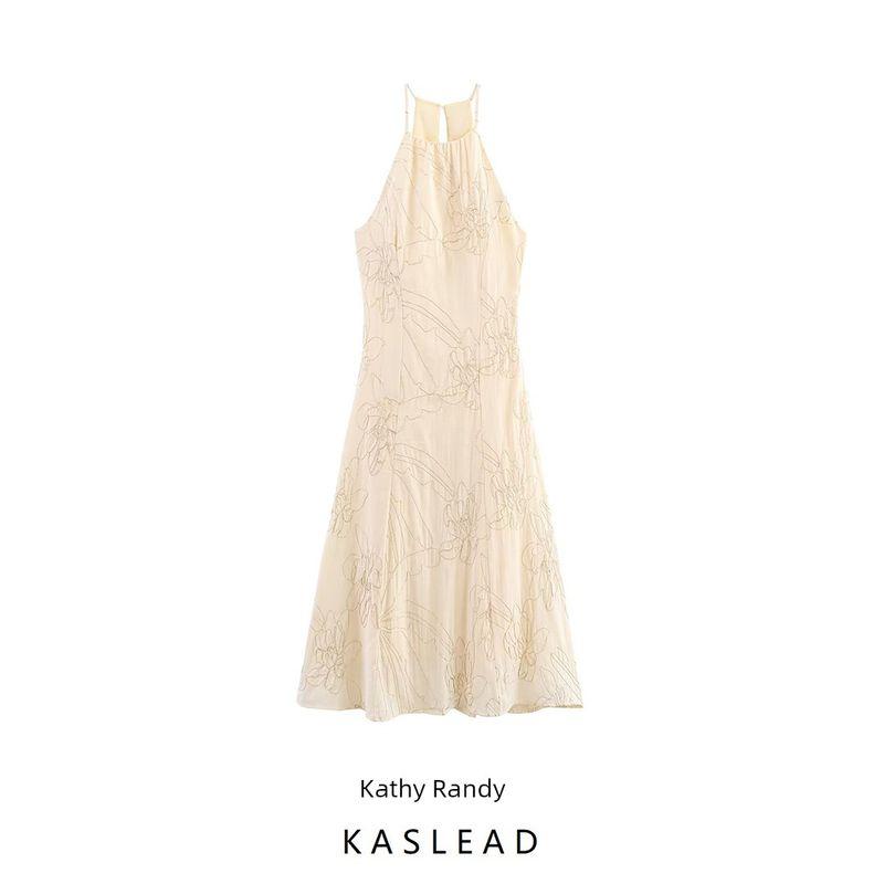 Kaslead New Women Clothes Western Style Fashion Simple Flower Embroidery Hanging Collar Dress 8308853