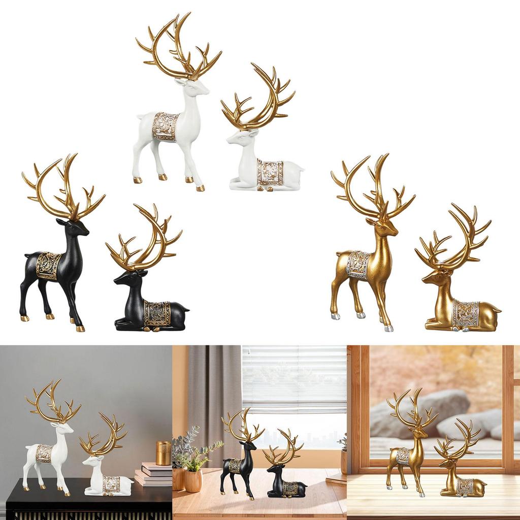 2Pcs Elk Resin Statue Decors Collection Resin Reindeer Sculpture Deer Figurine for Dining Room Desktop Farmhouse Bookshelf Desk