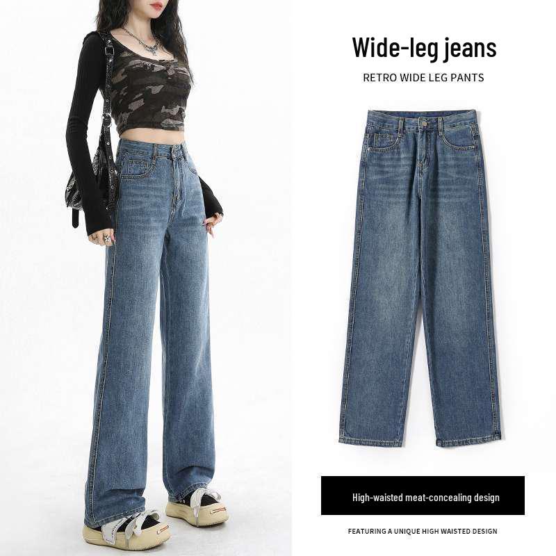 High-Waisted Vintage Blue Straight-Leg Jeans for Petite Women, Spring/Fall, Light Blue Large (L)
