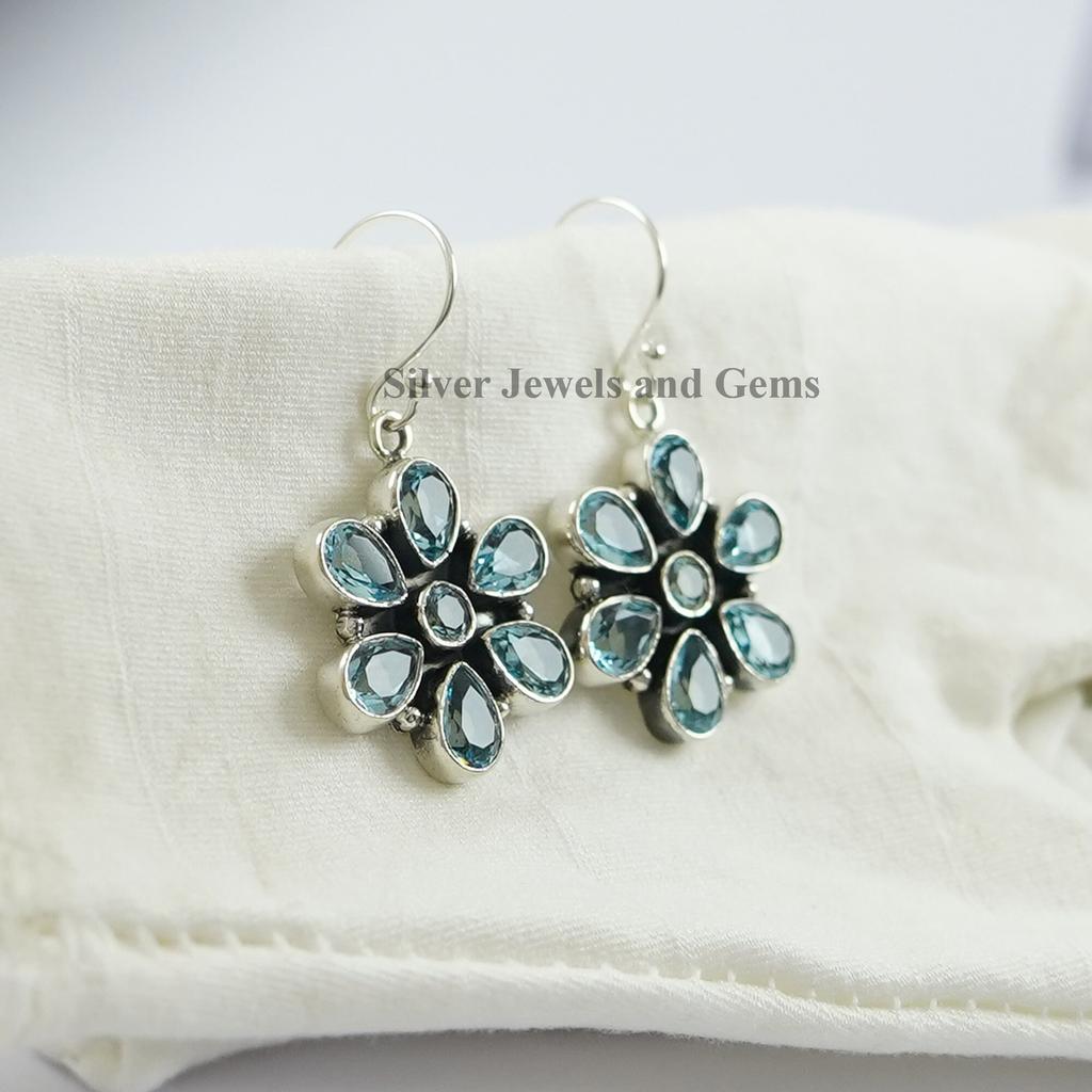 Blue Topaz Flower Earrings: Handmade Sterling Silver Dangle Earrings