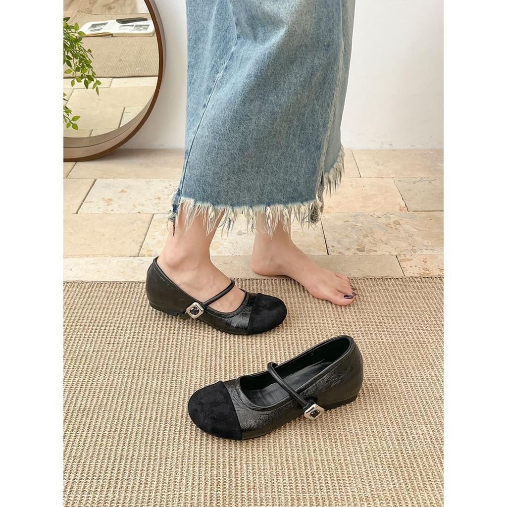One-word belt inner height increase Mary Jane shoes women's spring retro round head with soft sole with skirt single shoes