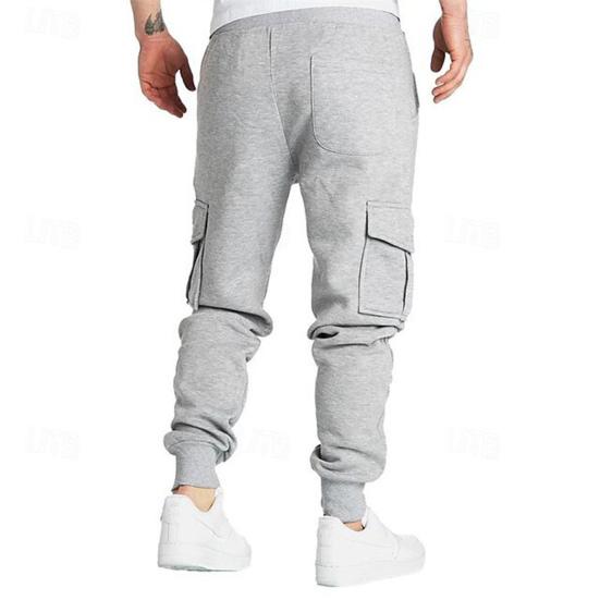 Men Cargo Pants Mid-rise Adjustable Waist Drawstring Casual Trousers with Reinforced