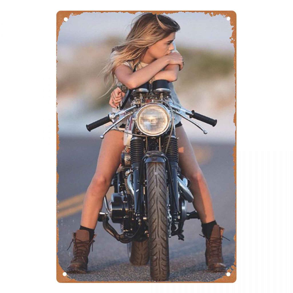 Fierce Biker Babe Sitting On a Powerful Chopper Vintage Metal Wall Sign Decor