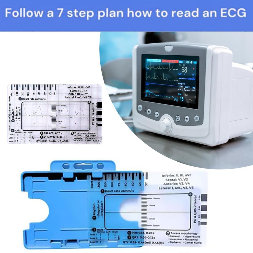 ECG Ruler Transparent Plastic Card with Measurement Scales for Heart Rate Axis PR QRS QT Interval Analysis and Morphology Assessment with Storage Box