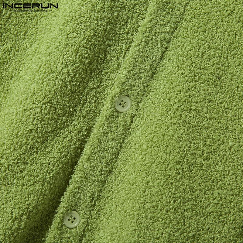 INCERUN Men's Fashion Button Up Furry Shirts Solid Short Sleeve Fleece Tops