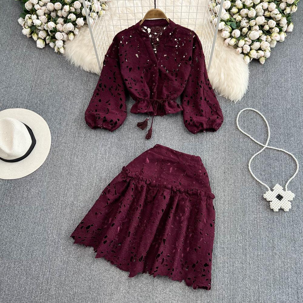 

Короткая рубашка в стиле ретро с v-образным вырезом и полой вышивкой, рукавами-фонариками, женская цельная юбка трапециевидной формы с высокой талией, состоящая из двух частей One Size