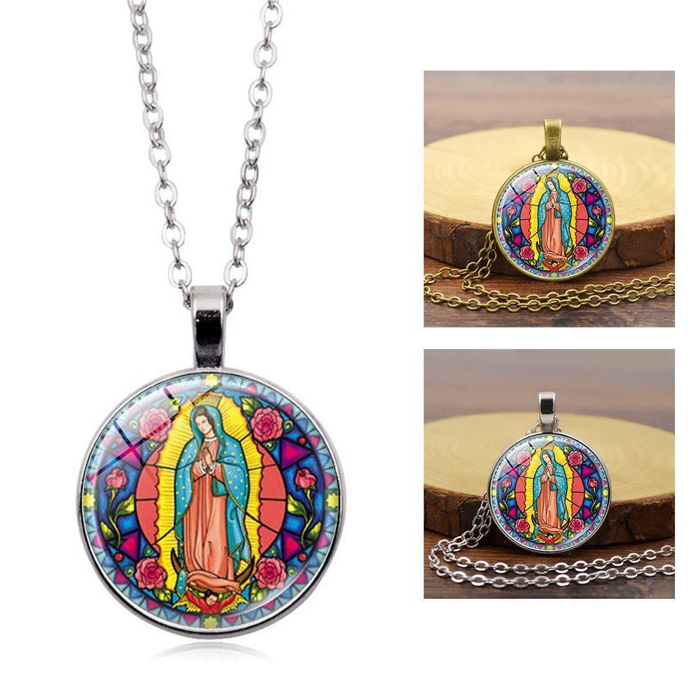 

Gift Long Chain Time Gem Glass Pendant Necklace Cabochon Virgin Mary Pattern Religious Necklace