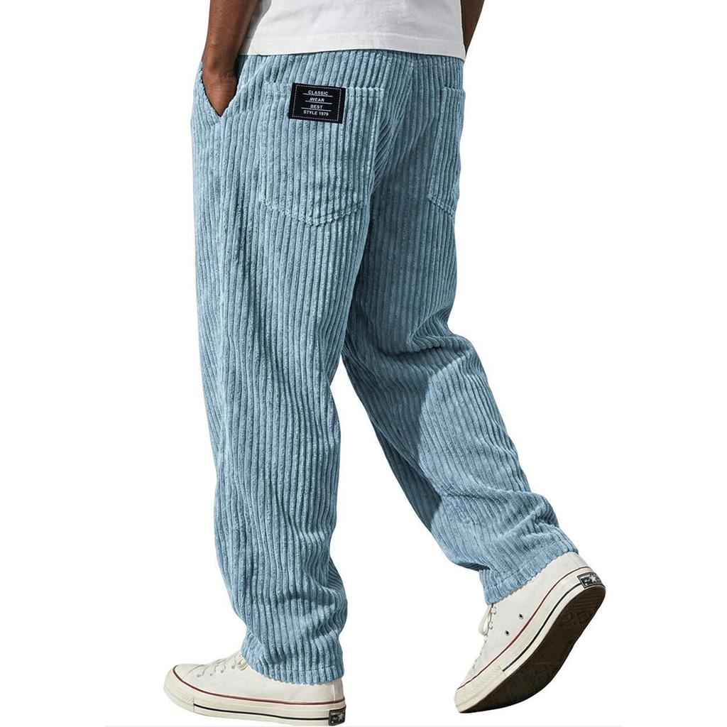 Men's Relaxed Fit Straight Leg Casual Pants with Vertical Stripe Pattern Back Patch Two Rear Pockets Elastic Waistband Durable Fabric Trousers