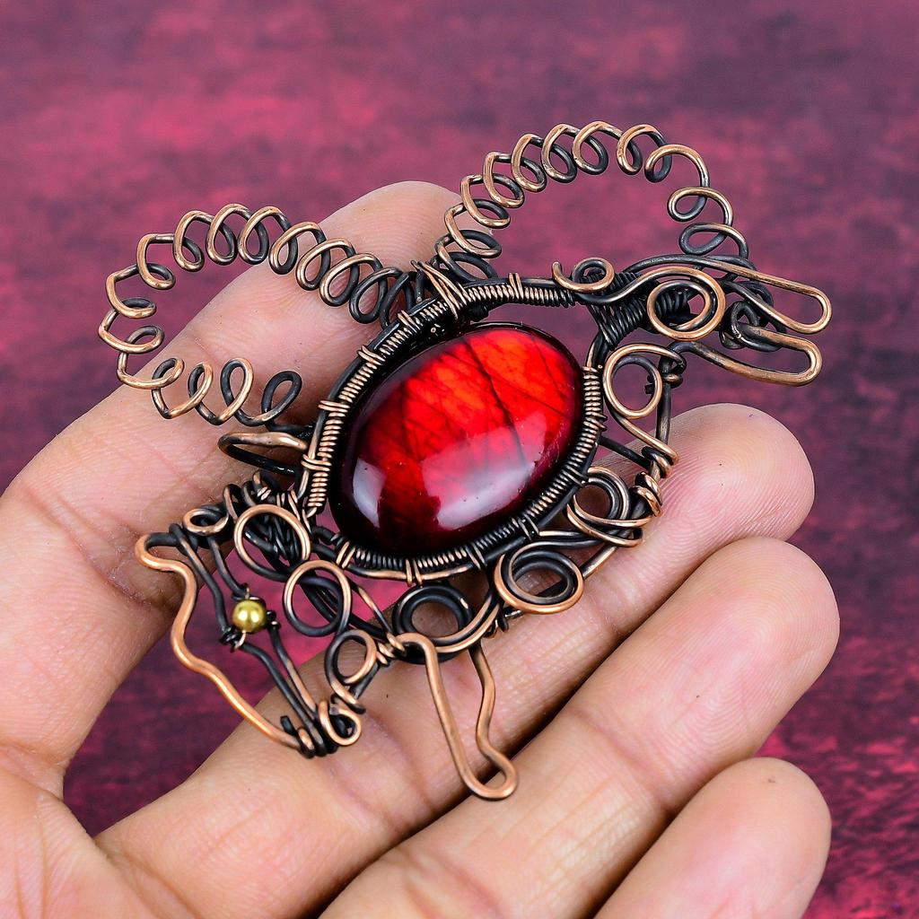 Red Fire Labradorite Gemstone Pendant Handmade Copper Wire Wrapped Rabbit Jewelry