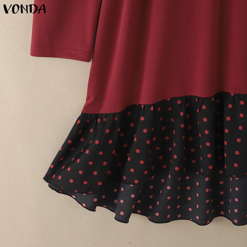 VONDA Women O Neck Long Sleeve Patchwork Polka Dots Ruffled Hem Casual Tunic Mini Dress