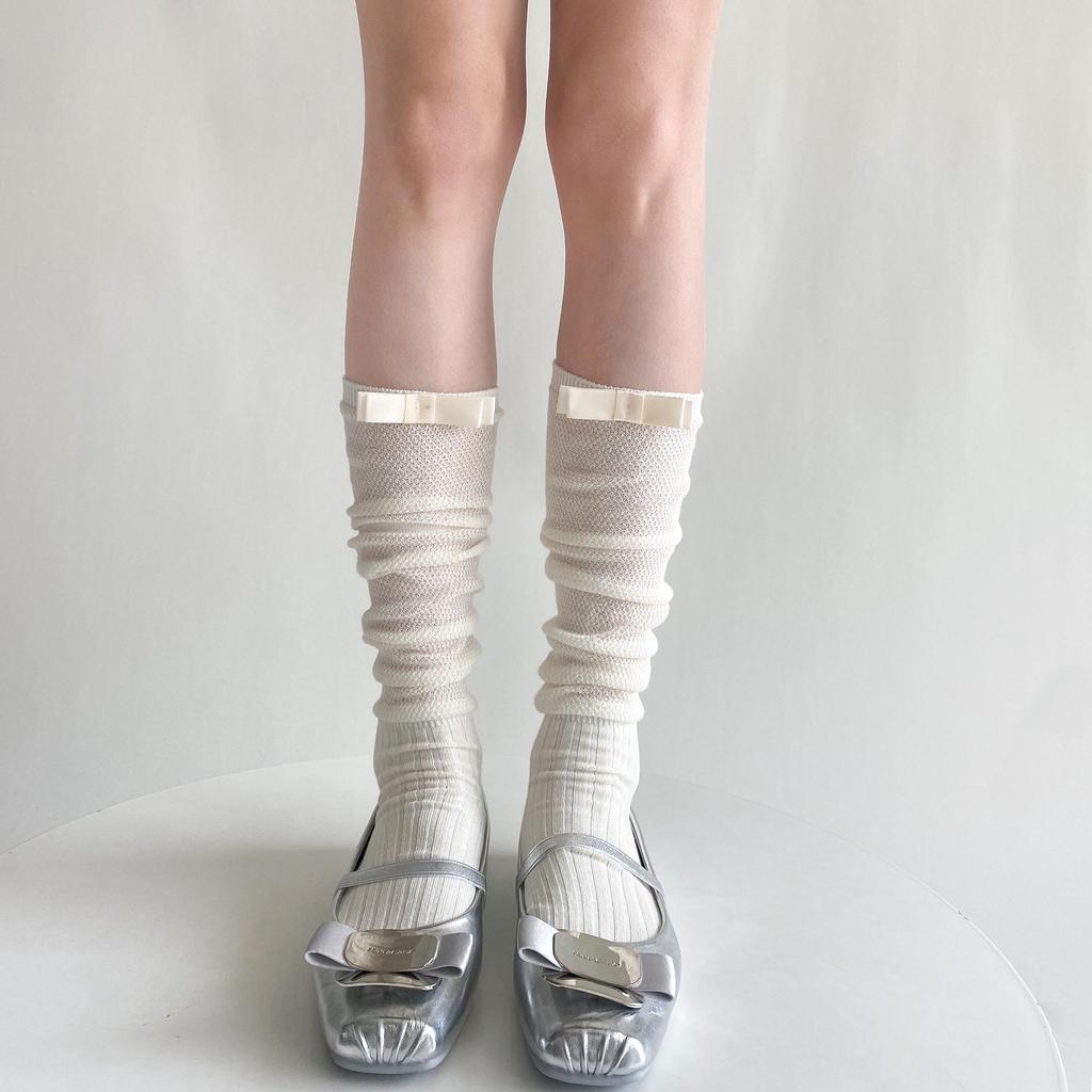 Ruffled Sheer Calf Socks with Heel Ribbons and Bows, Ballet Style, Korean Version.