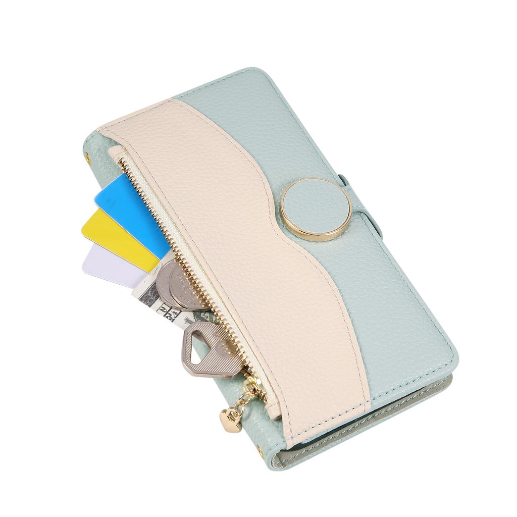 For iPhone 15 Pro Max Case Zipper Wallet Color Splicing TPU PU Leather Flip Phone Cover with Strap